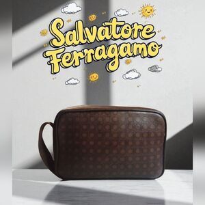 Salvatore Ferragamo Brown Leather Toiletry Bag with Monogram